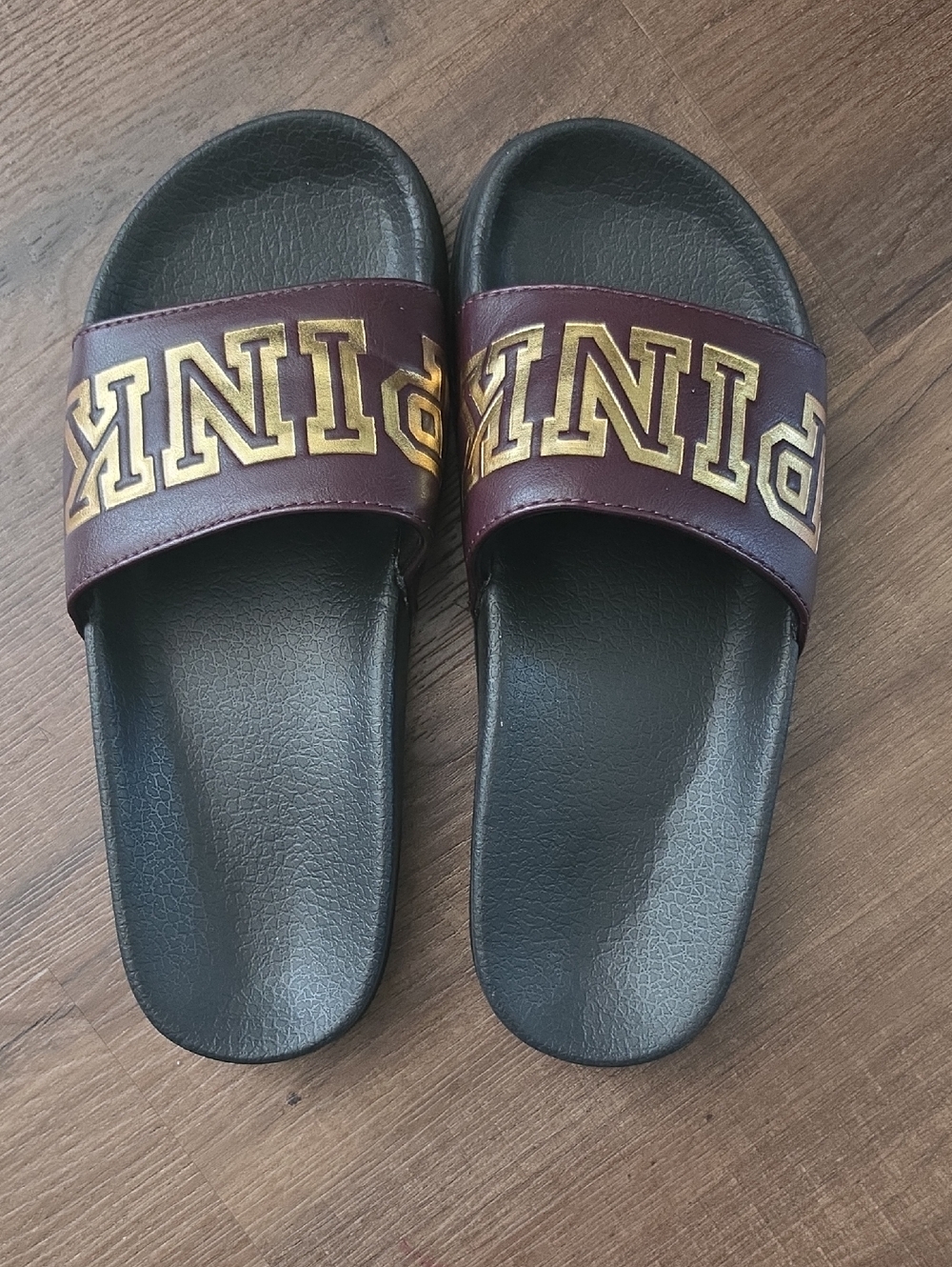 PINK Victoria's Secret Burgundy Slide Sandals with Gold Logo